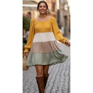 Sweet Wanderer Tiered Peasant Prairie Dress Gauze Yellow Green Size 1XL Lined